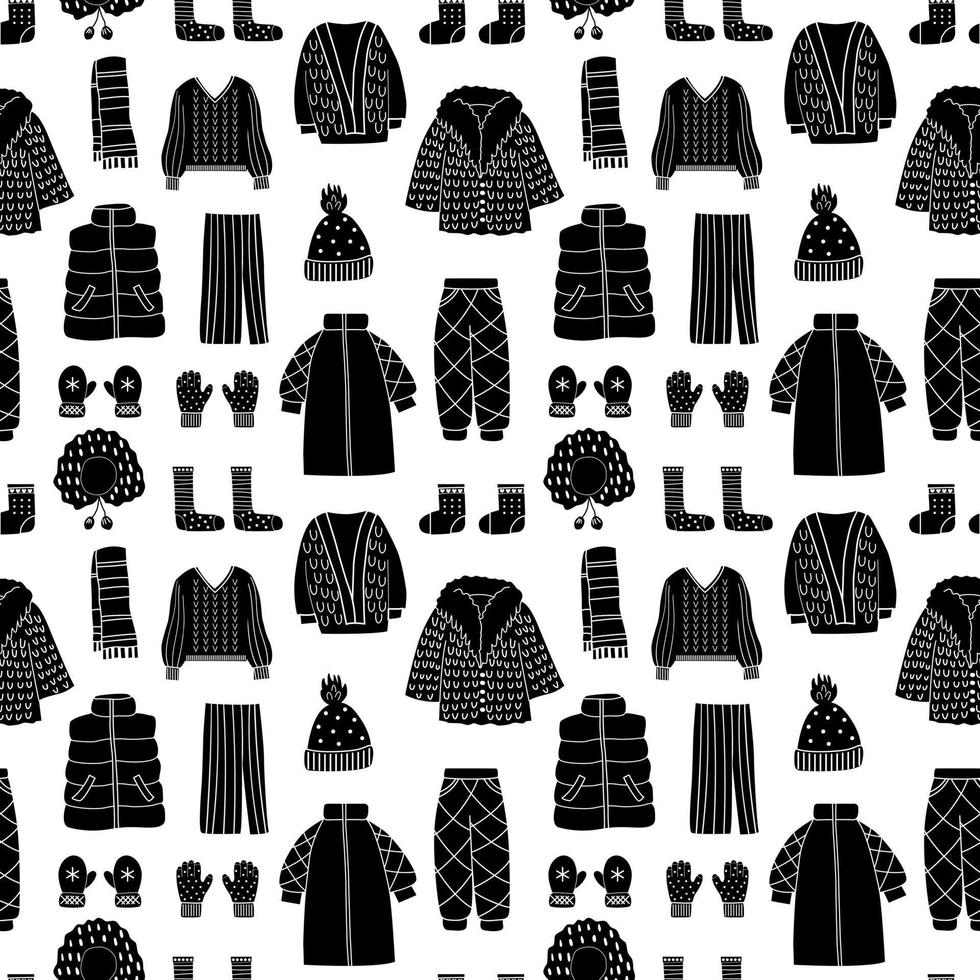 Black and white seamless pattern with winter clothes. vector illustration