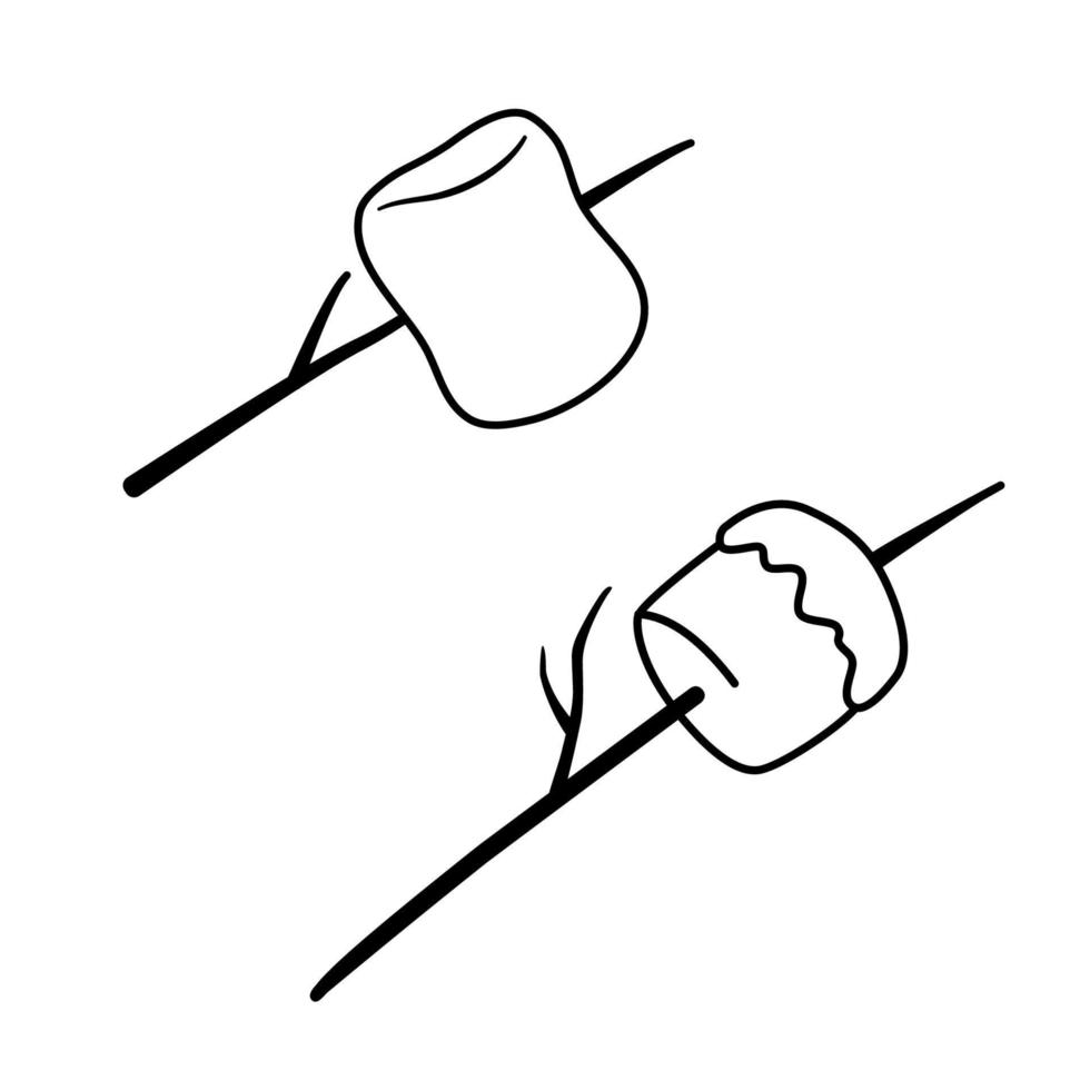 Hand drawn Marshmallow roasted on wooden stick. Vector sketch icon isolated on white. Icon for infographic, website or app.