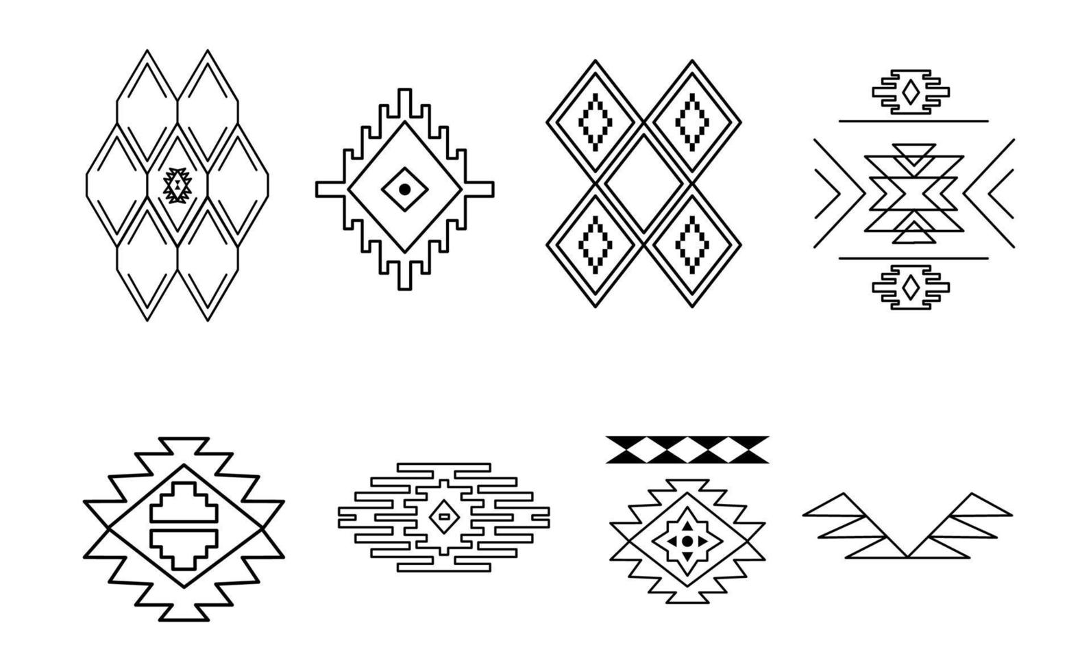 Decor elements of ethnic Indian tribe in outline style. Vector monochrome Navajo signs and patterns. Set of graphic geometric shapes of Aztecs isolated on white background