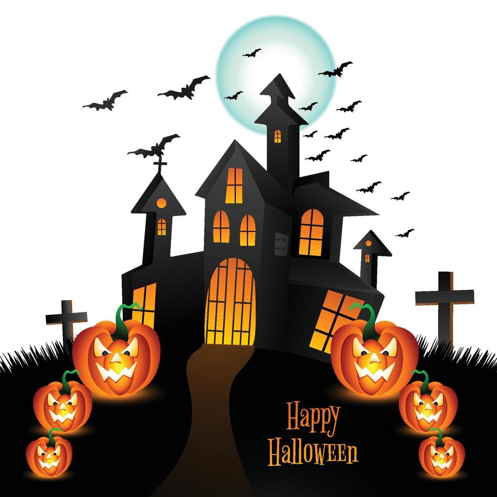 Halloween dark castle on a white moon and bats background vector