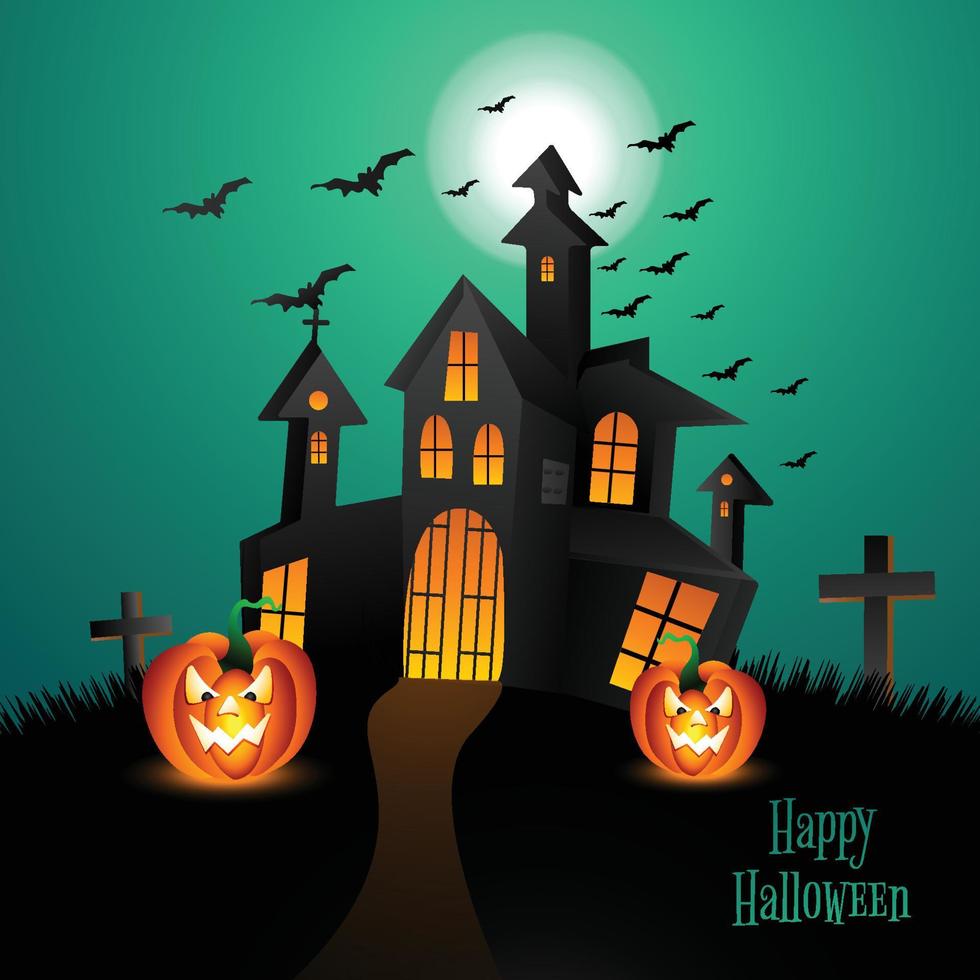 Halloween dark castle on a green moon and bats background vector