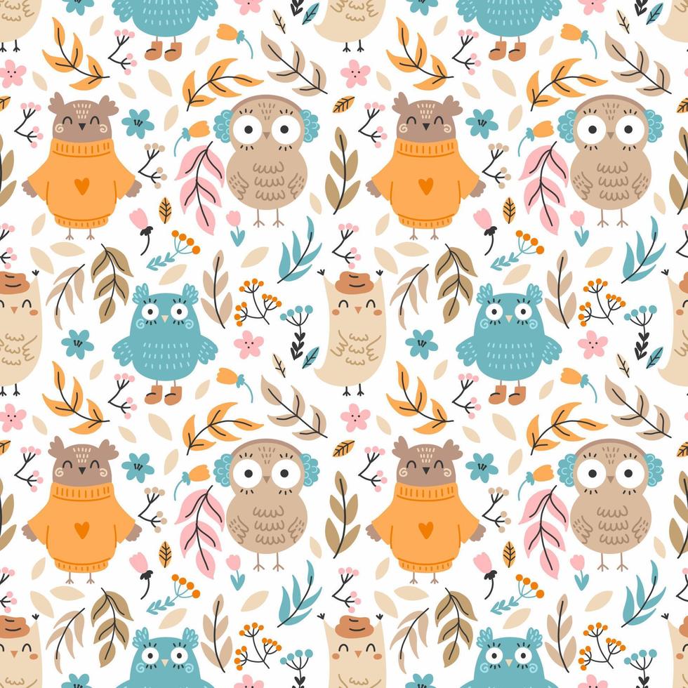 Seamless pattern with cute owl. Twig and flower. Background for sewing children clothes and printing on fabric. Packing paper. Cute doodle illustration. Autumn print. vector