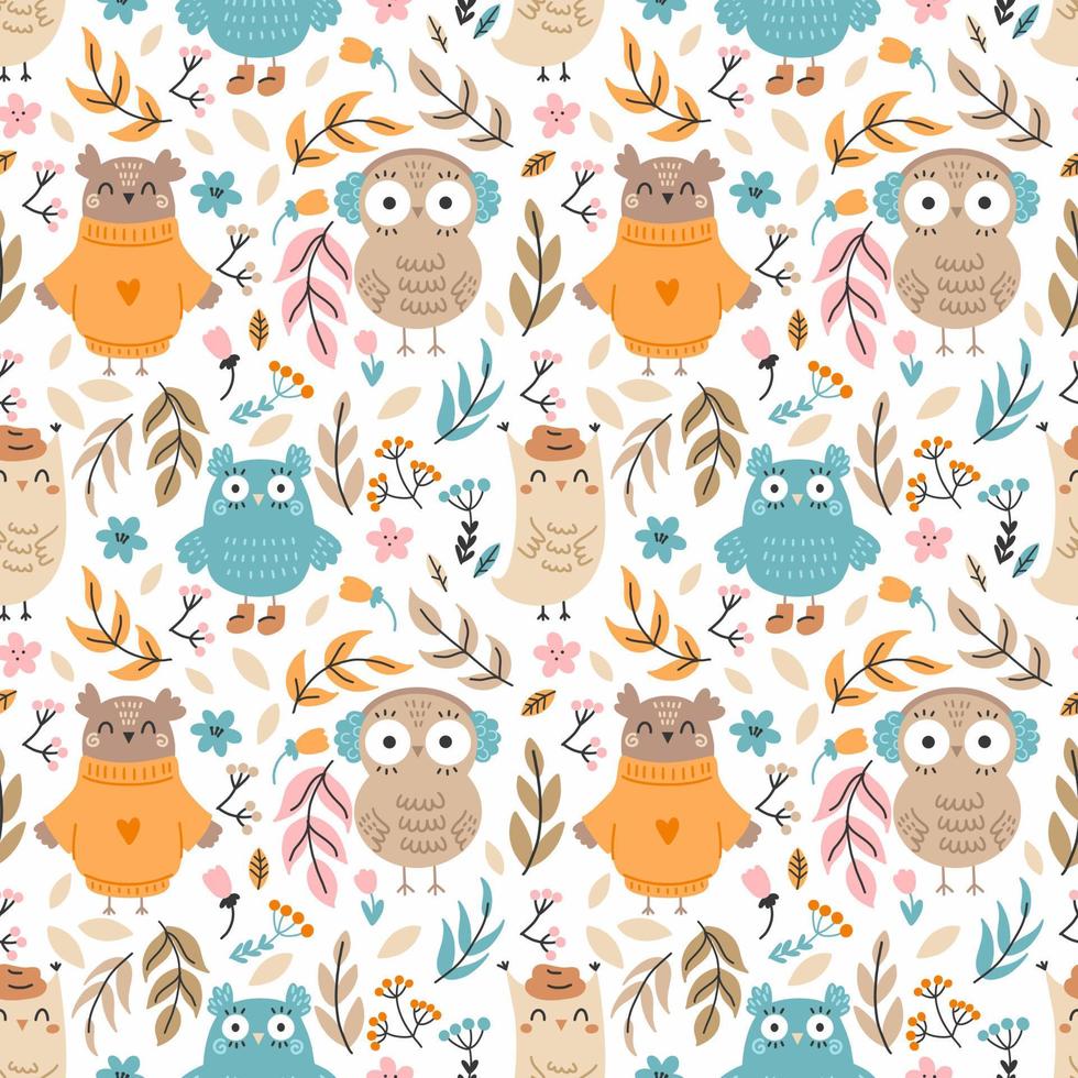 Seamless pattern with cute owl. Twig and flower. Background for sewing children clothes and printing on fabric. Packing paper. Cute doodle illustration. Autumn print. vector