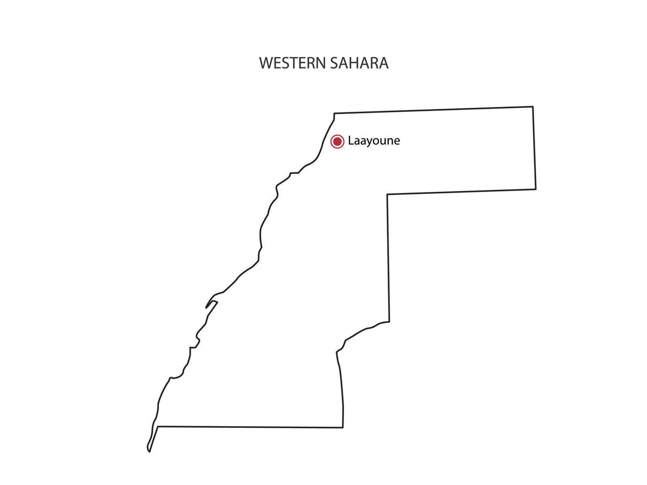 Hand draw thin black line vector of Western Sahara Map with capital city Laayoune on white background.