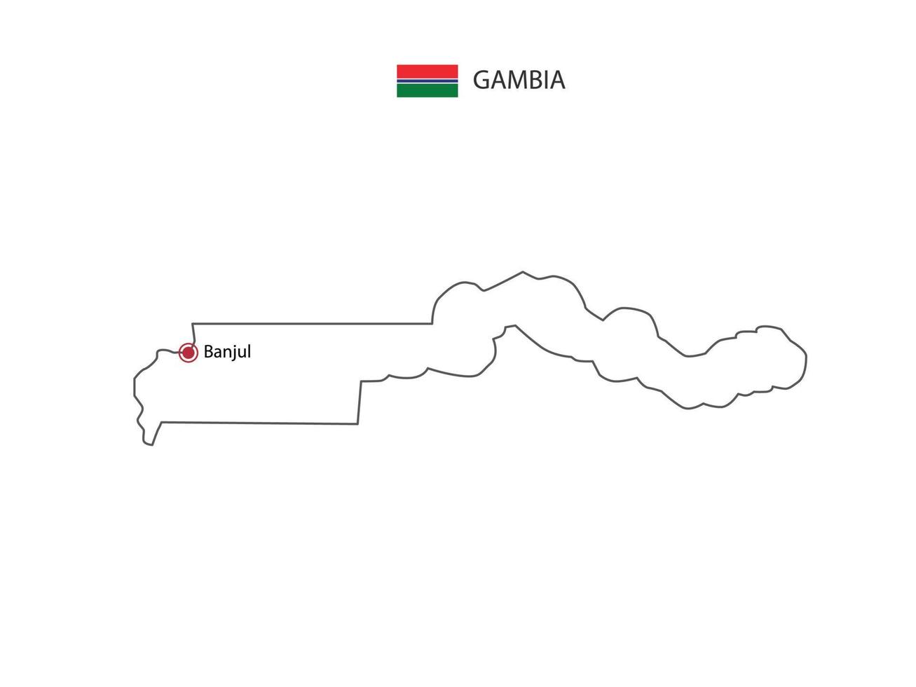 dibujar a mano el vector de línea negra delgada del mapa de gambia con la ciudad capital banjul sobre fondo blanco.