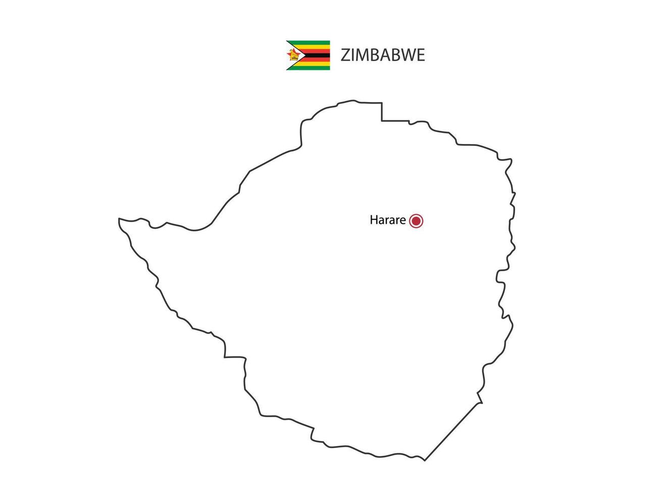 Hand draw thin black line vector of Zimbabwe Map with capital city Harare on white background.