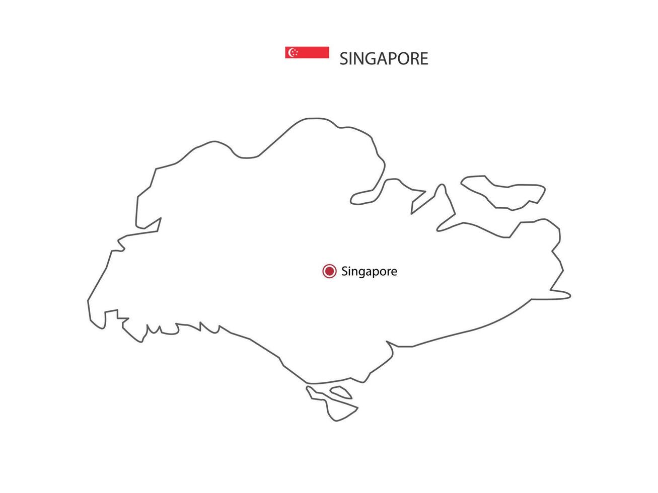 Hand draw thin black line vector of Singapore Map with capital city Singapore on white background.
