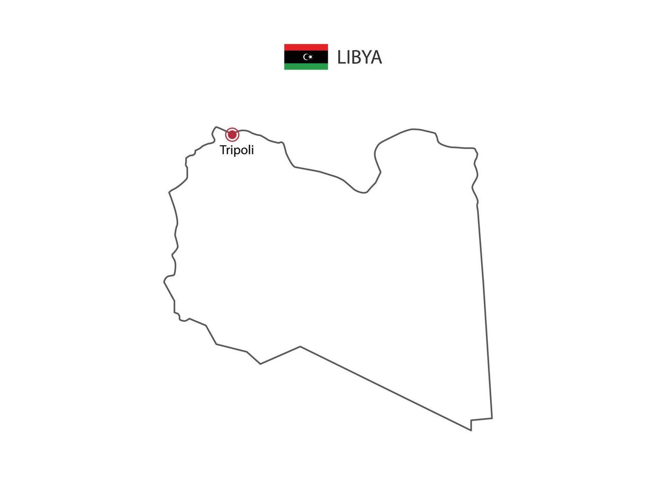 Hand draw thin black line vector of Libya Map with capital city Tripoli on white background.
