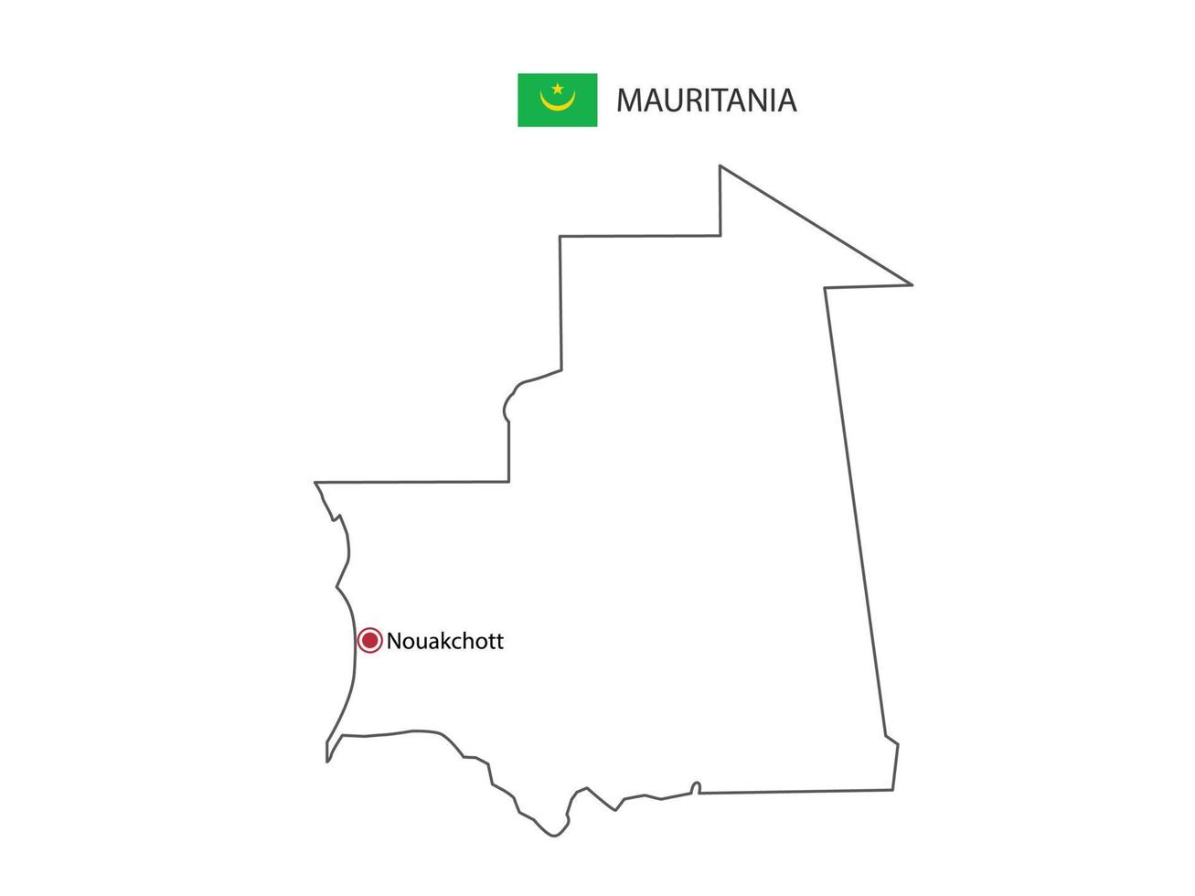 Hand draw thin black line vector of Mauritania Map with capital city Nouakchott on white background.