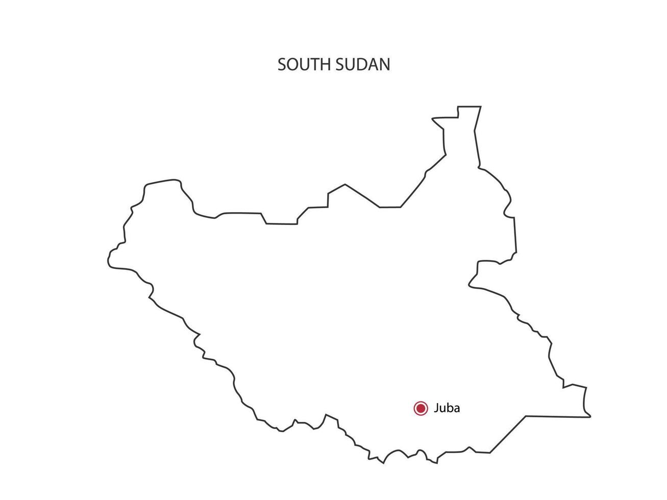 dibujar a mano el vector de línea negra delgada del mapa de sudán del sur con la capital juba sobre fondo blanco.