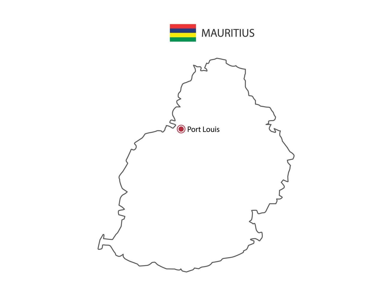 Hand draw thin black line vector of Mauritius Map with capital city Port Louis on white background.