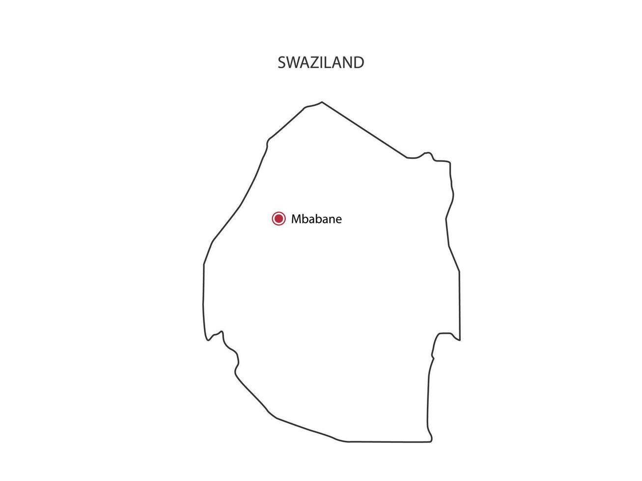 Hand draw thin black line vector of Swaziland Map with capital city Mbabane on white background.