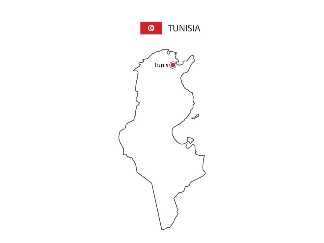 dibujar a mano el vector de línea negra delgada del mapa de túnez con la ciudad capital túnez sobre fondo blanco.