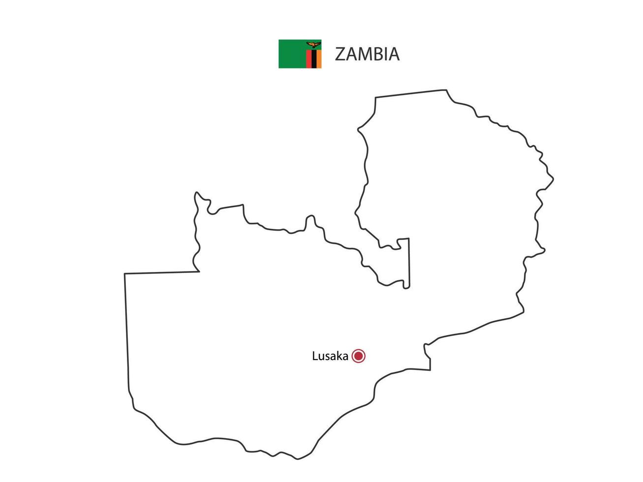 Hand draw thin black line vector of Zambia Map with capital city Lusaka on white background.