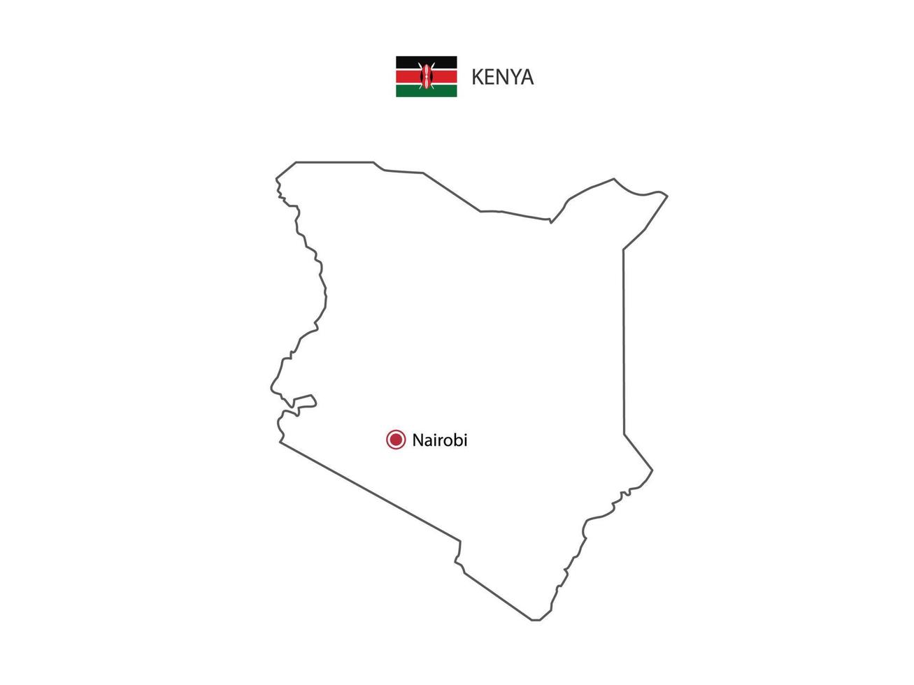 Hand draw thin black line vector of Kenya Map with capital city Nairobi on white background.