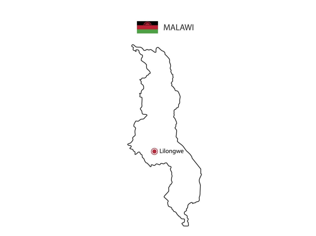 dibujar a mano el vector de línea negra delgada del mapa de malawi con la ciudad capital lilongwe sobre fondo blanco.