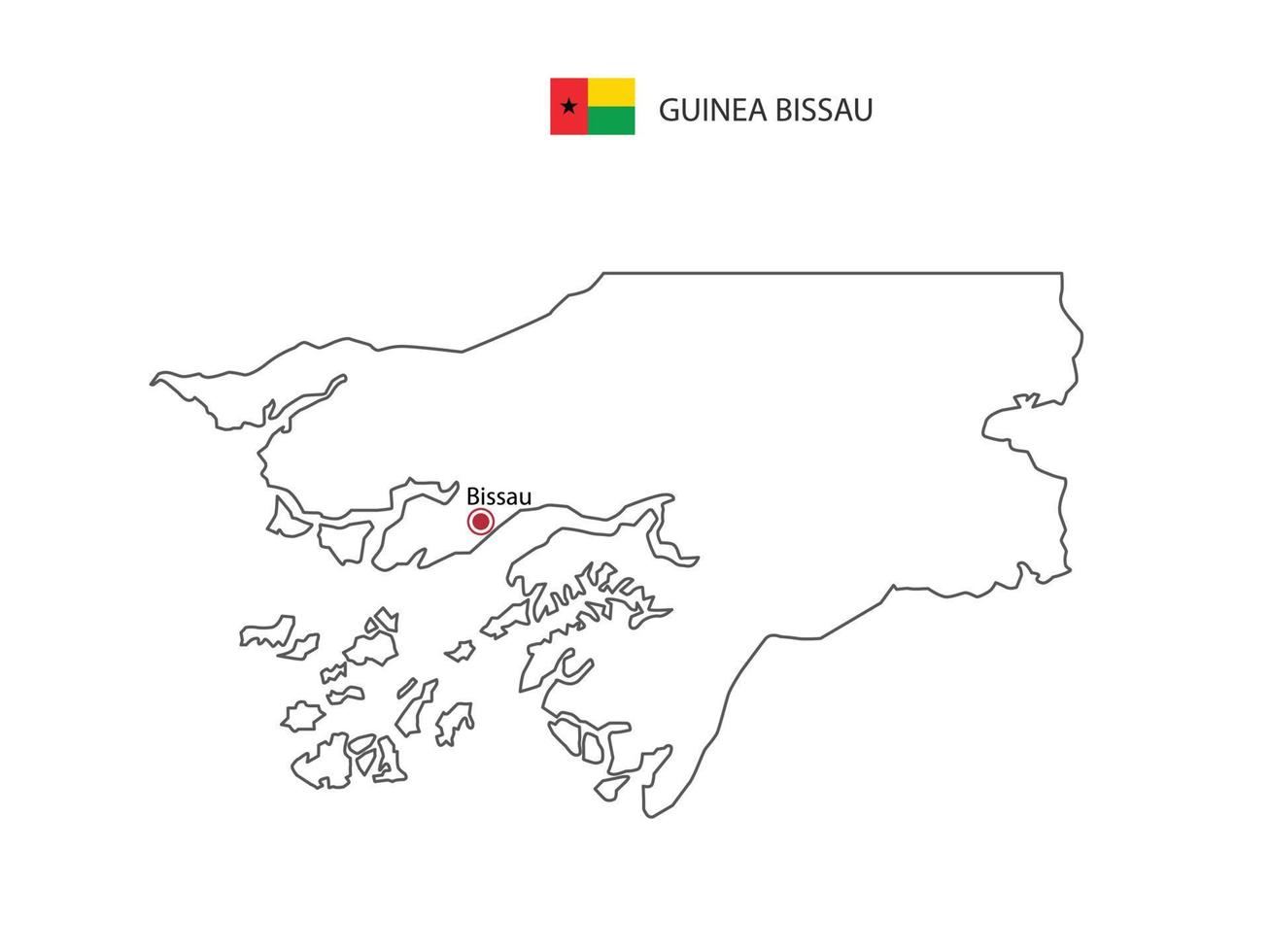 dibujar a mano el vector de línea negra delgada del mapa de guinea bissau con la ciudad capital bissau sobre fondo blanco.