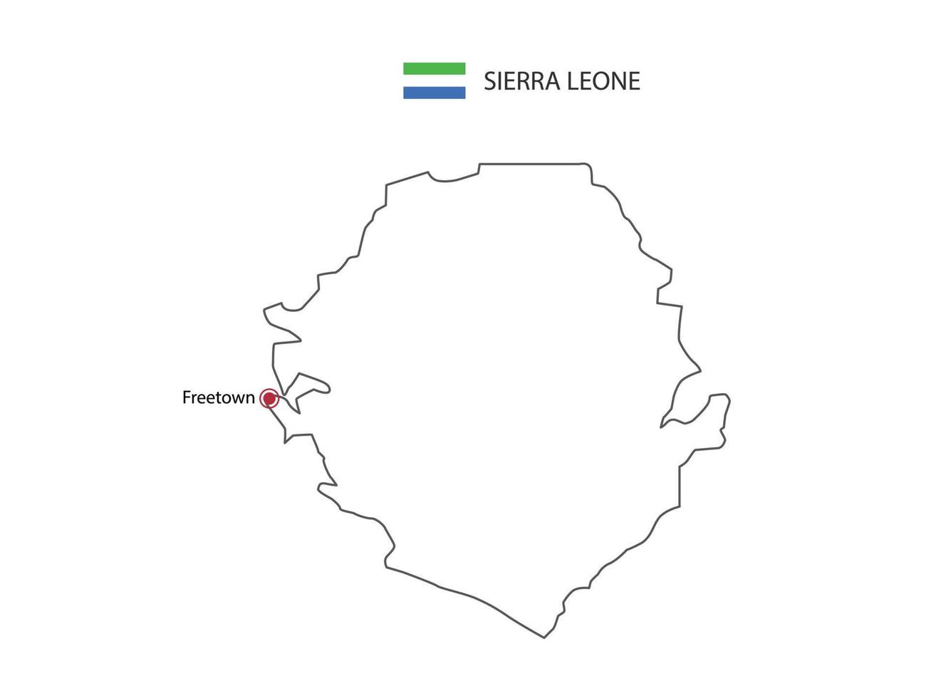 dibujar a mano el vector de línea negra delgada del mapa de sierra leona con la ciudad capital freetown sobre fondo blanco.