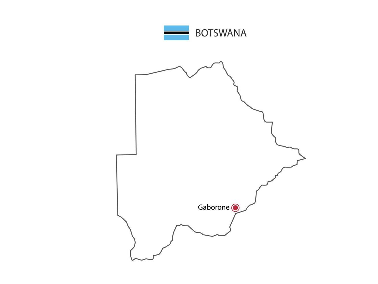 Hand draw thin black line vector of Botswana Map with capital city Gaborone on white background.
