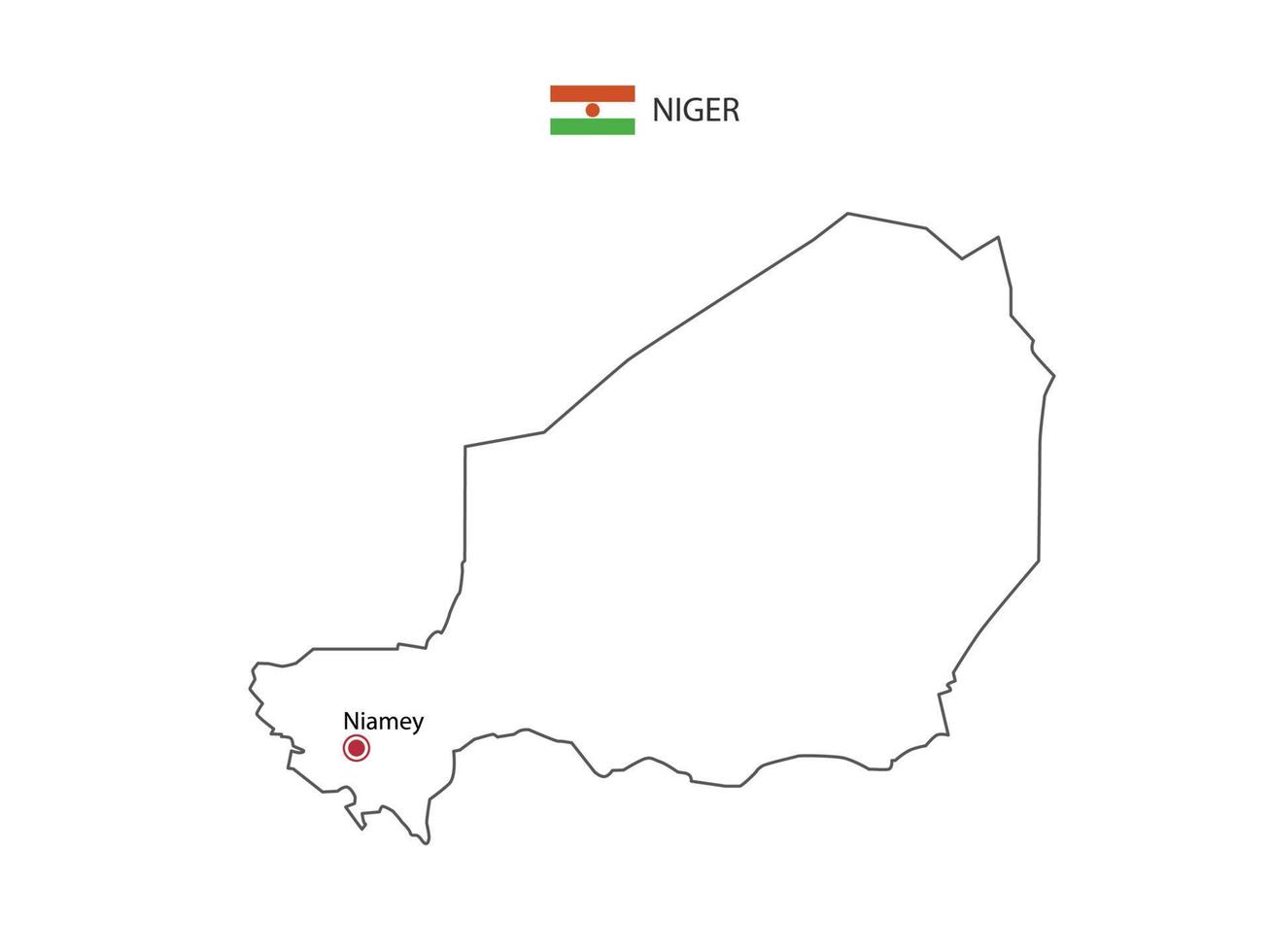 dibujar a mano el vector de línea negra delgada del mapa de níger con la ciudad capital niamey sobre fondo blanco.