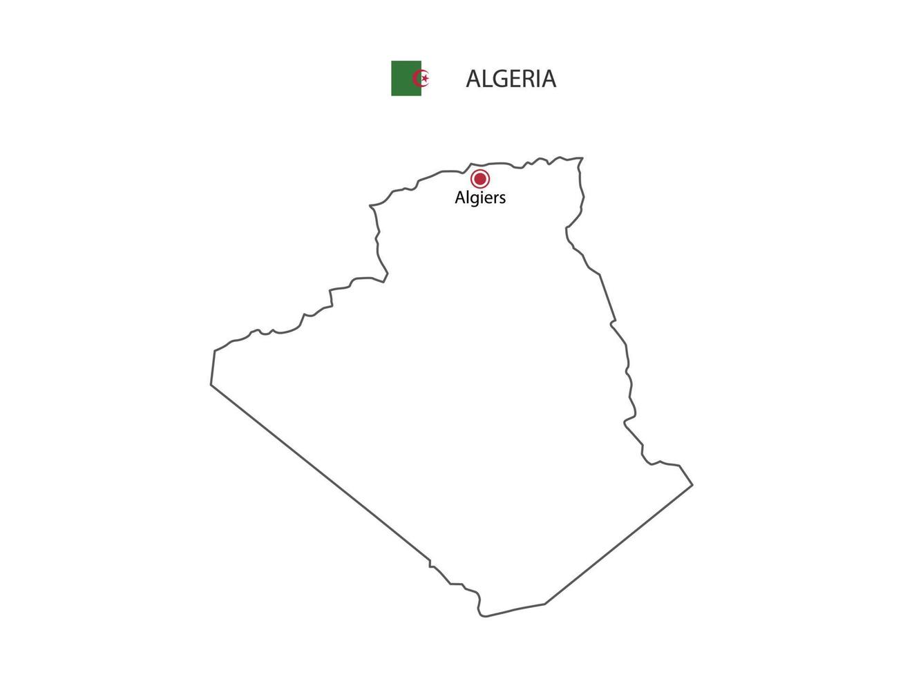 Hand draw thin black line vector of Algeria Map with capital city Algiers on white background.