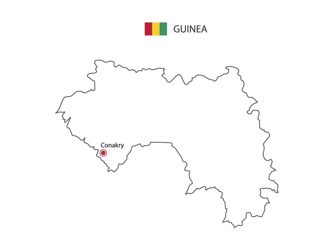 Hand draw thin black line vector of Guinea Map with capital city Conakry on white background.