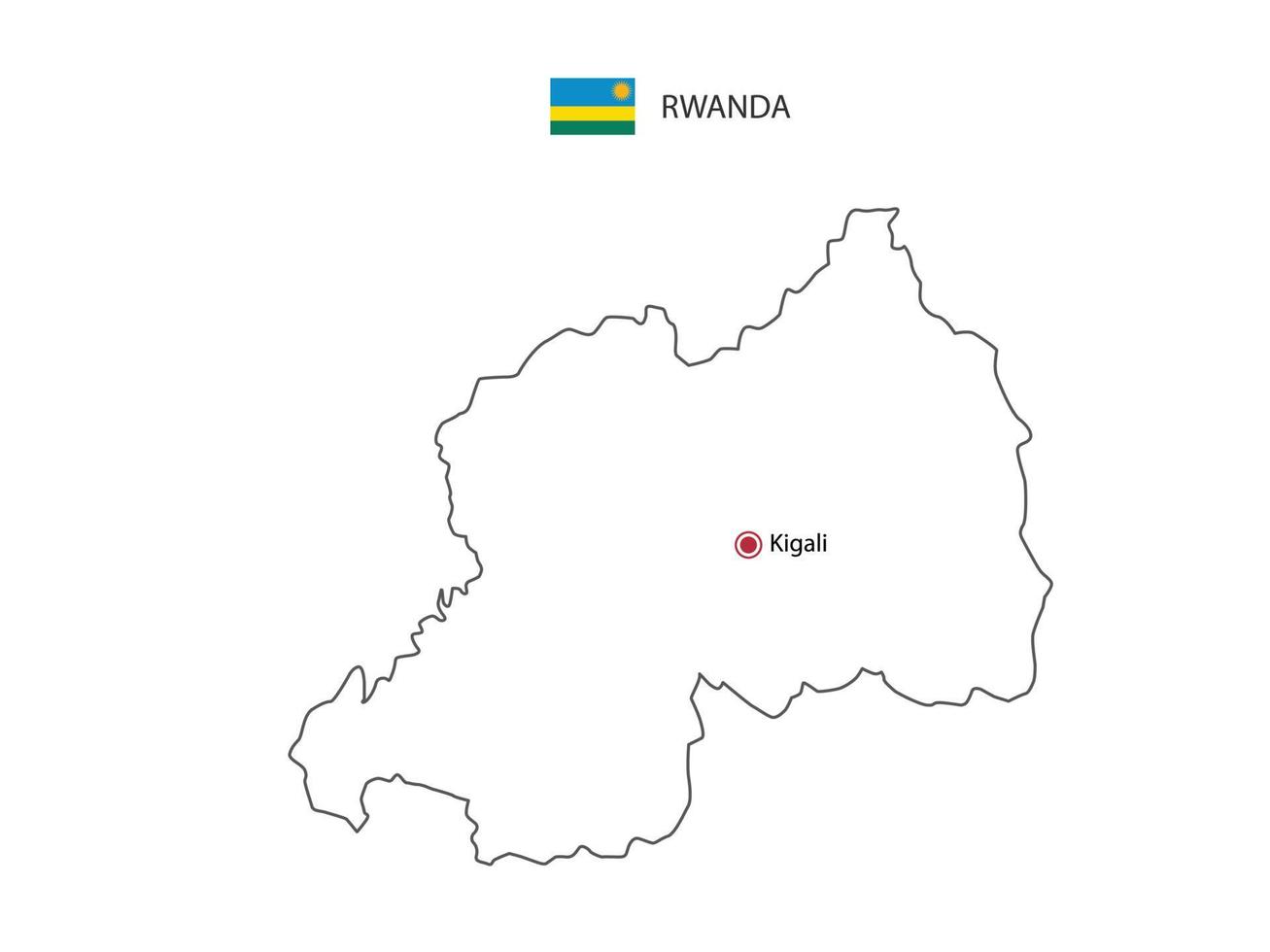 Hand draw thin black line vector of Rwanda Map with capital city Kigali on white background.