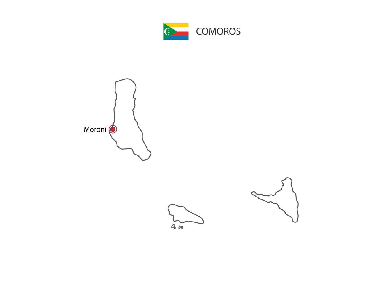 dibujar a mano el vector de línea negra delgada del mapa de comoras con la ciudad capital moroni sobre fondo blanco.