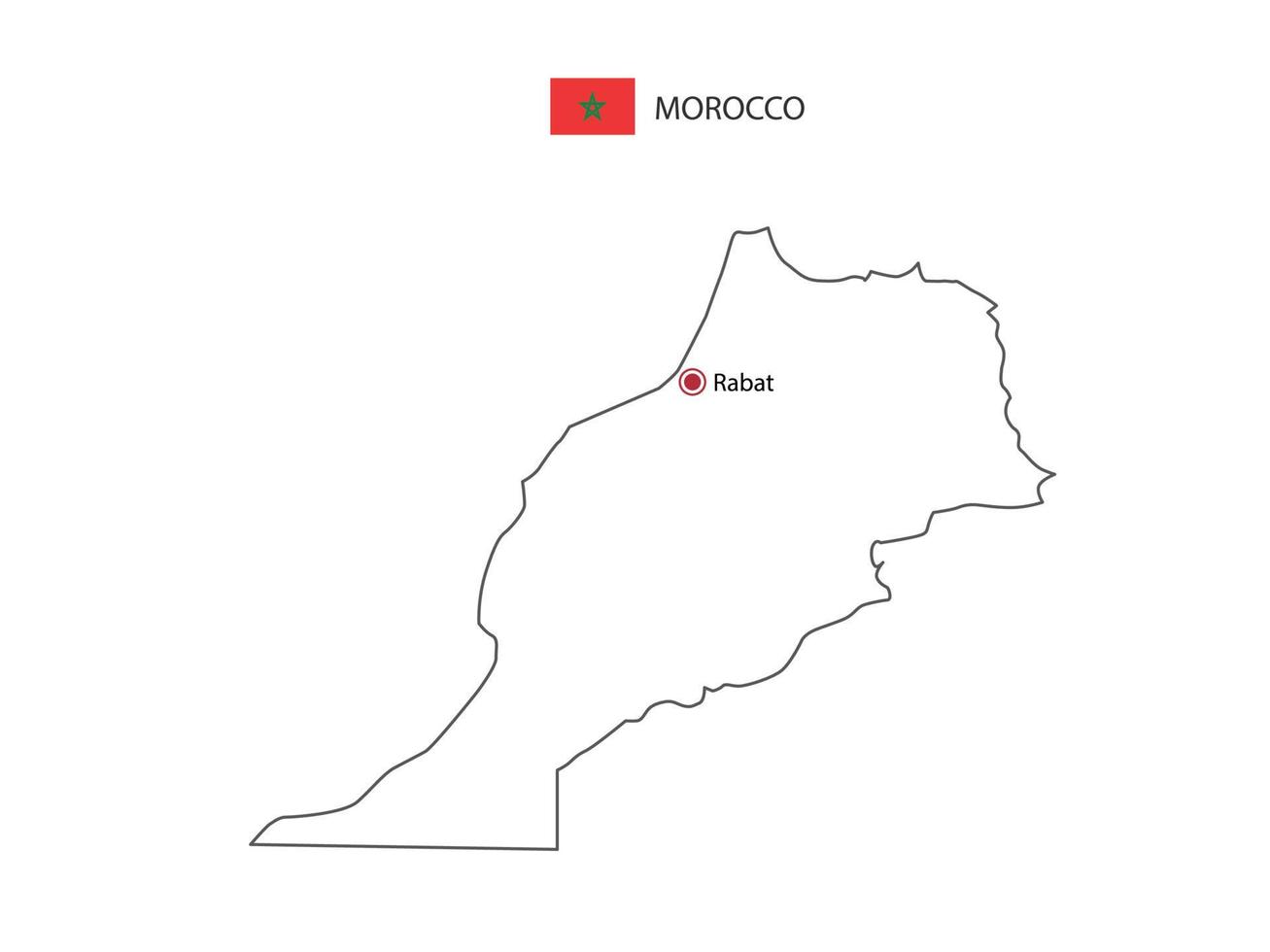 dibujar a mano el vector de línea negra delgada del mapa de marruecos con la ciudad capital rabat sobre fondo blanco.