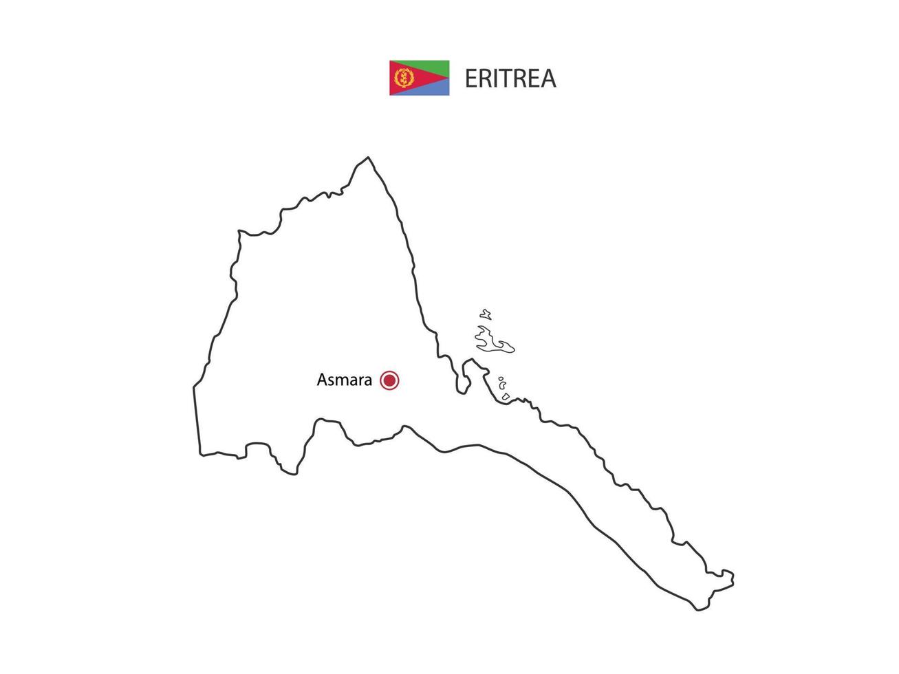 dibujar a mano el vector de línea negra delgada del mapa de eritrea con la ciudad capital asmara sobre fondo blanco.