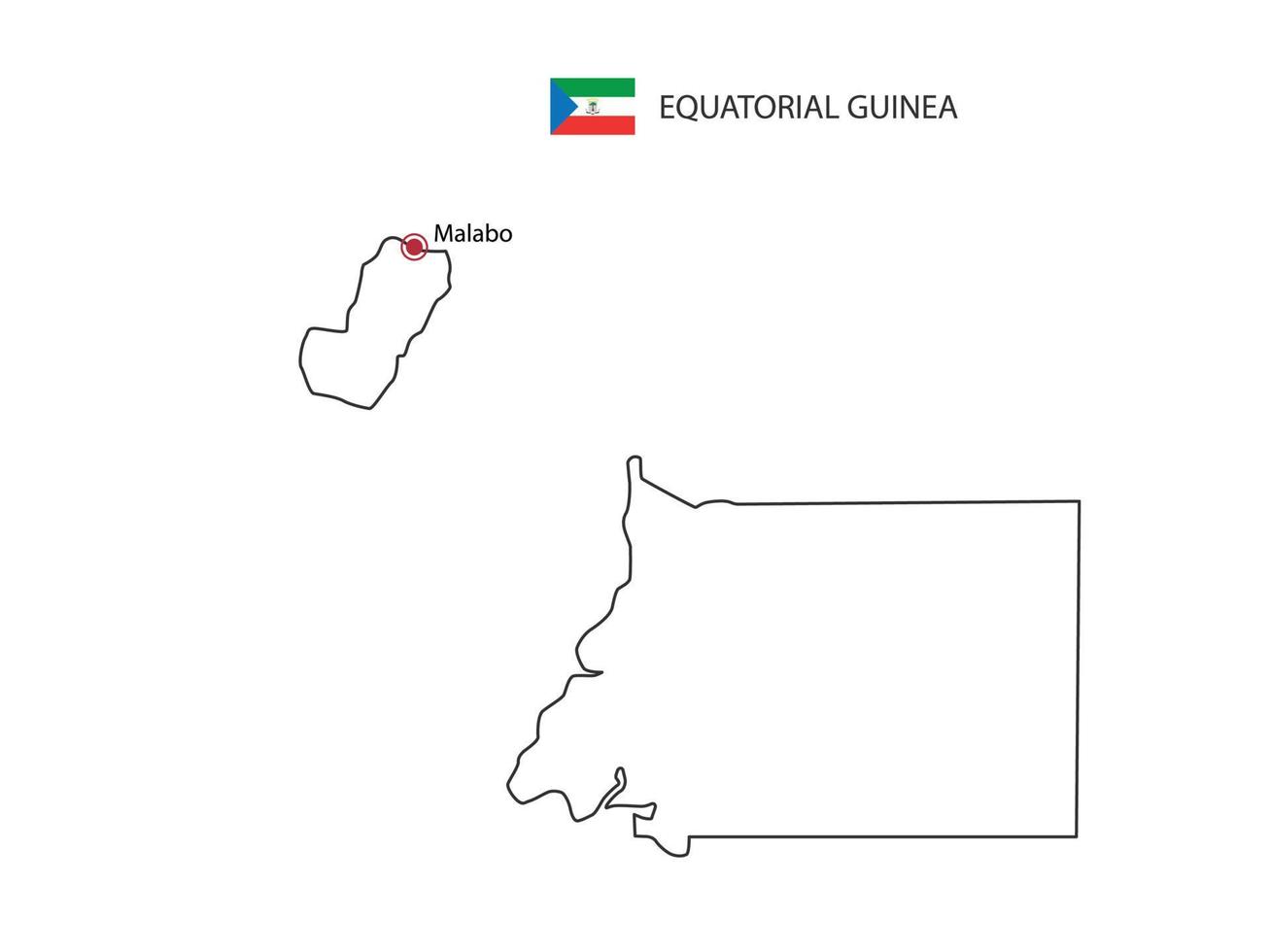 dibujar a mano el vector de línea negra delgada del mapa de guinea ecuatorial con la ciudad capital malabo sobre fondo blanco.