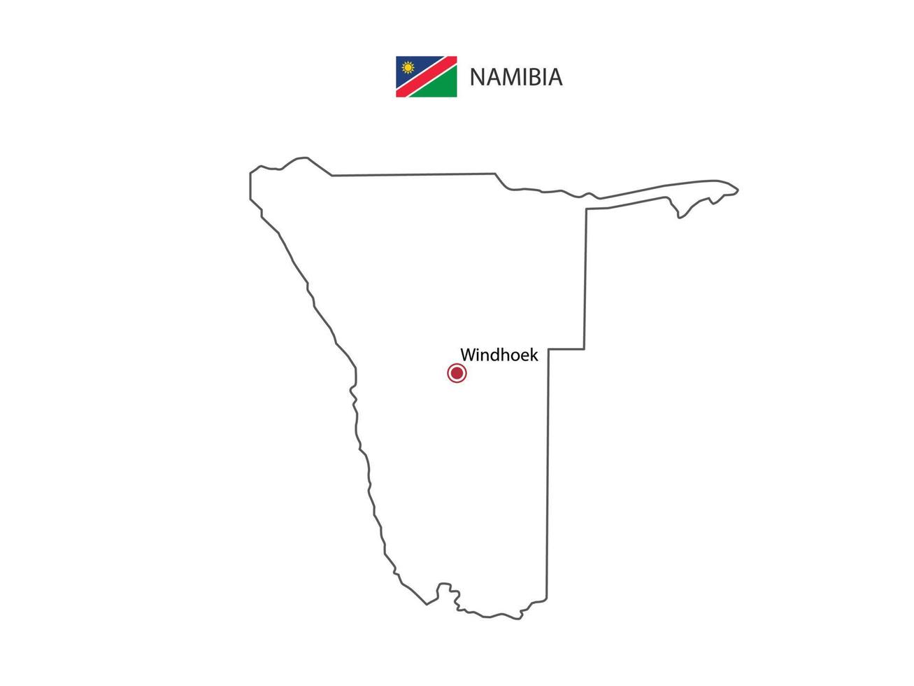 dibujar a mano el vector de línea negra delgada del mapa de namibia con la ciudad capital windhoek sobre fondo blanco.