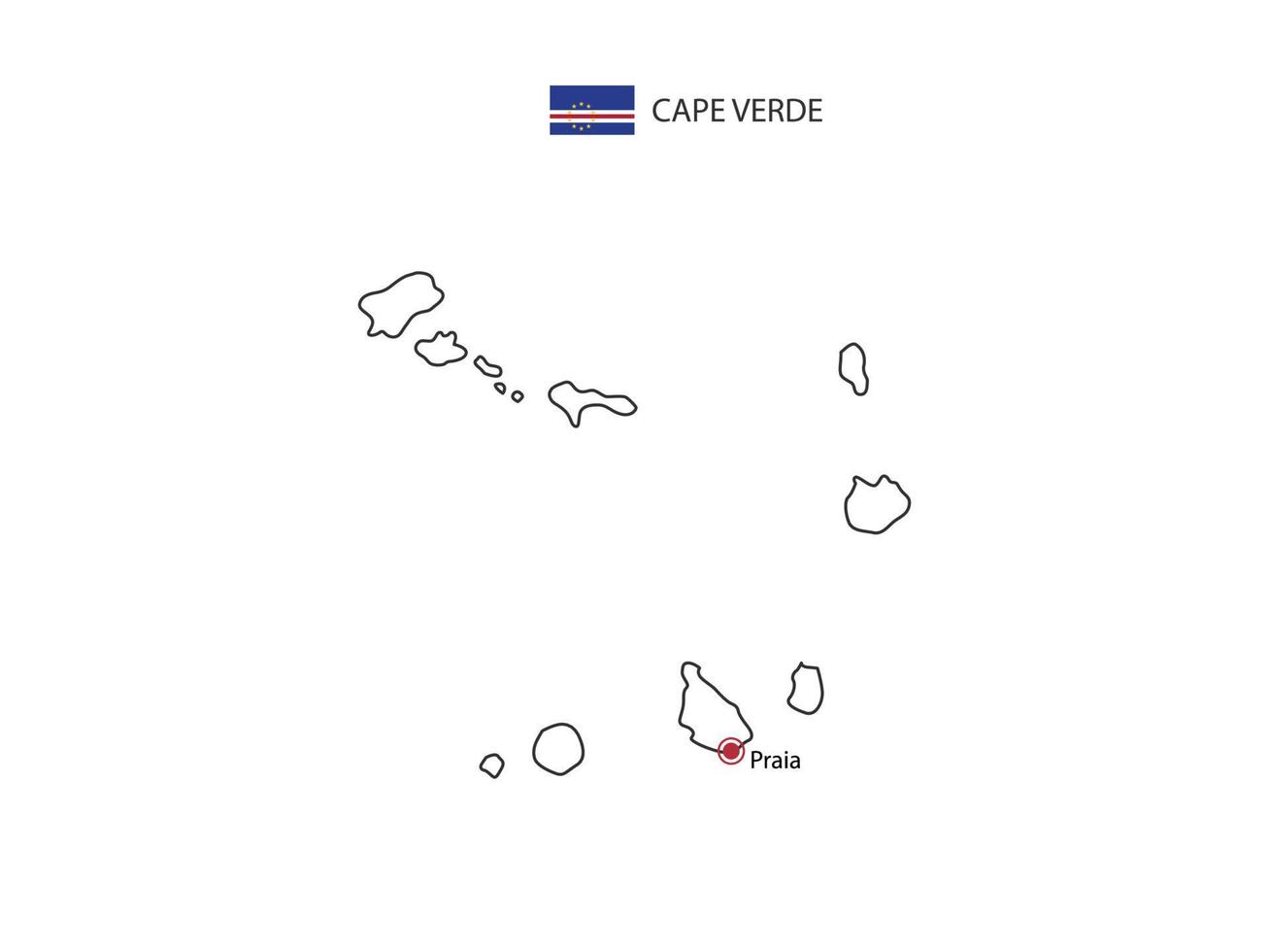 dibujar a mano el vector de línea negra delgada del mapa de cabo verde con la ciudad capital praia sobre fondo blanco.