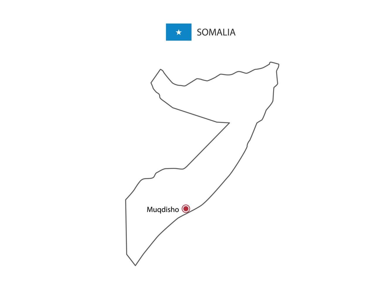 Hand draw thin black line vector of Somalia Map with capital city Mogadishu on white background.