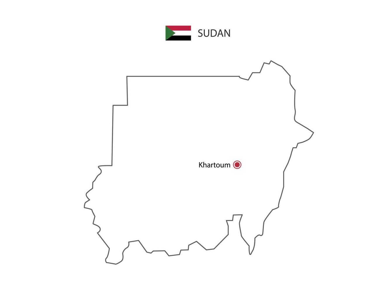 Hand draw thin black line vector of Sudan Map with capital city Khartoum on white background.