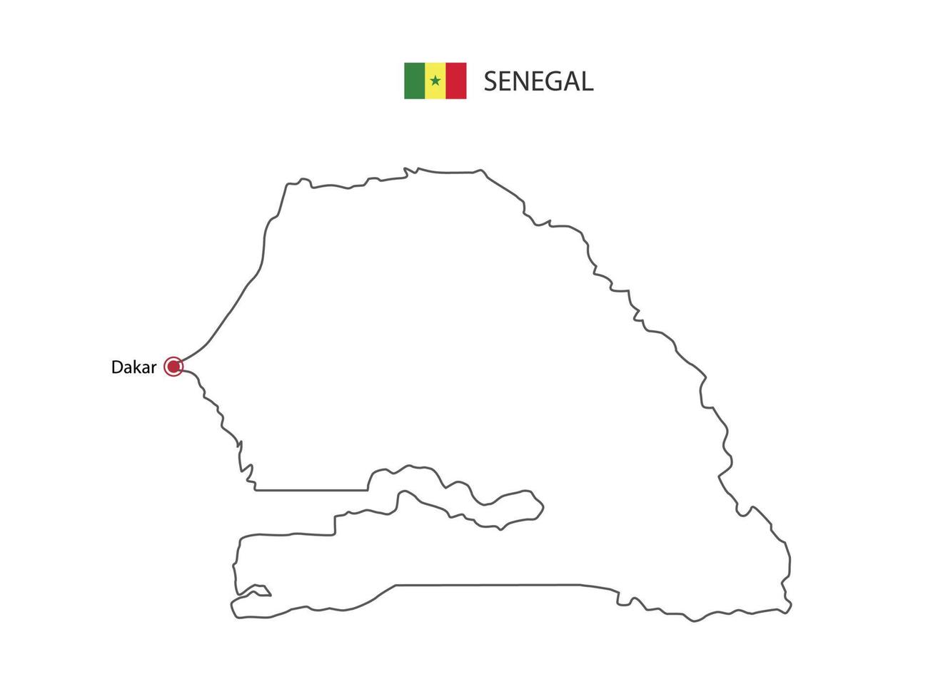 Hand draw thin black line vector of Senegal Map with capital city Dakar on white background.