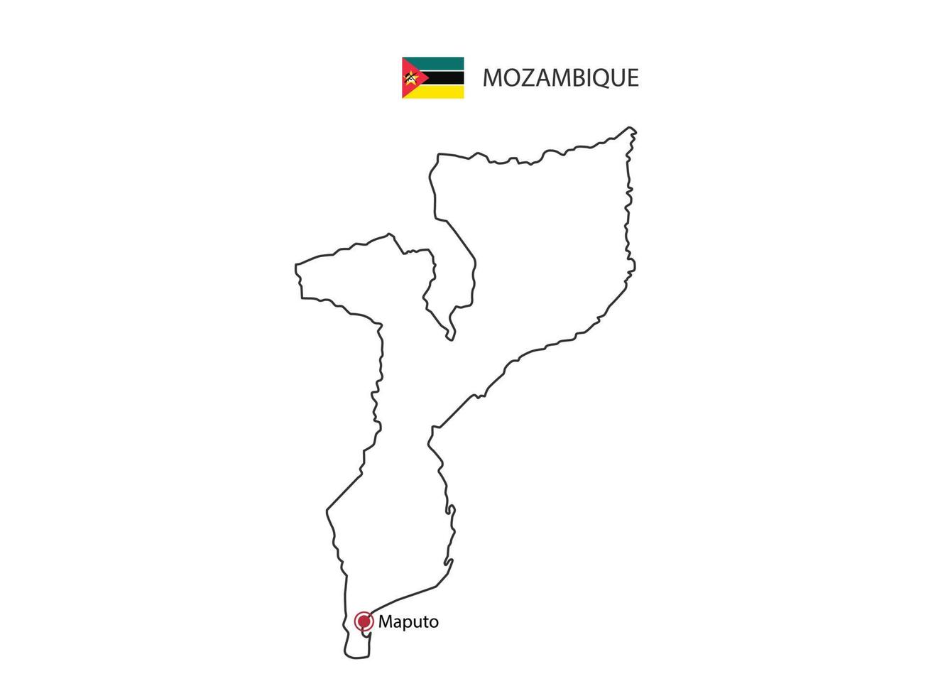 Hand draw thin black line vector of Mozambique Map with capital city Maputo on white background.
