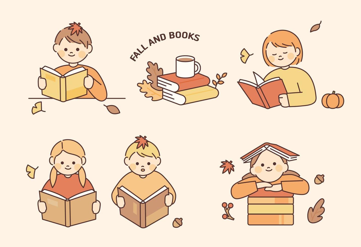 Cute children are reading books. Fallen leaves are decorated around it. vector
