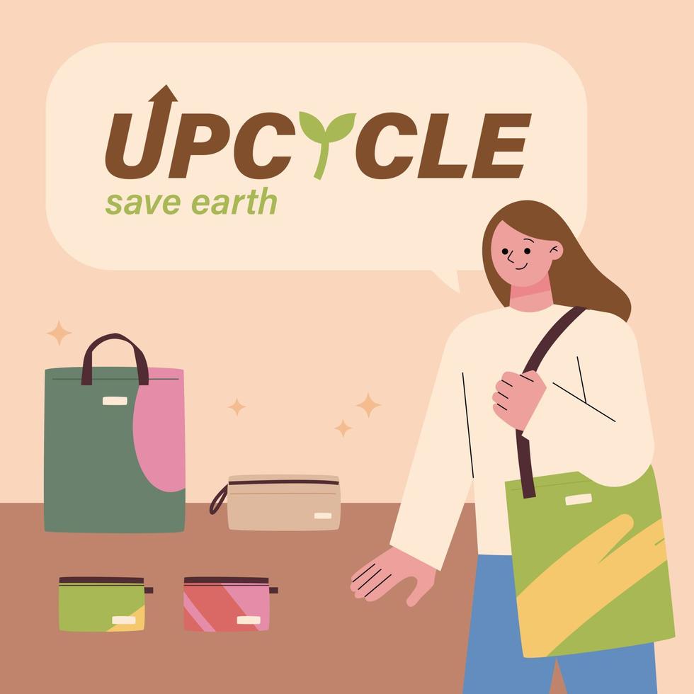 environmental protection banner. People who buy upcycled products. vector