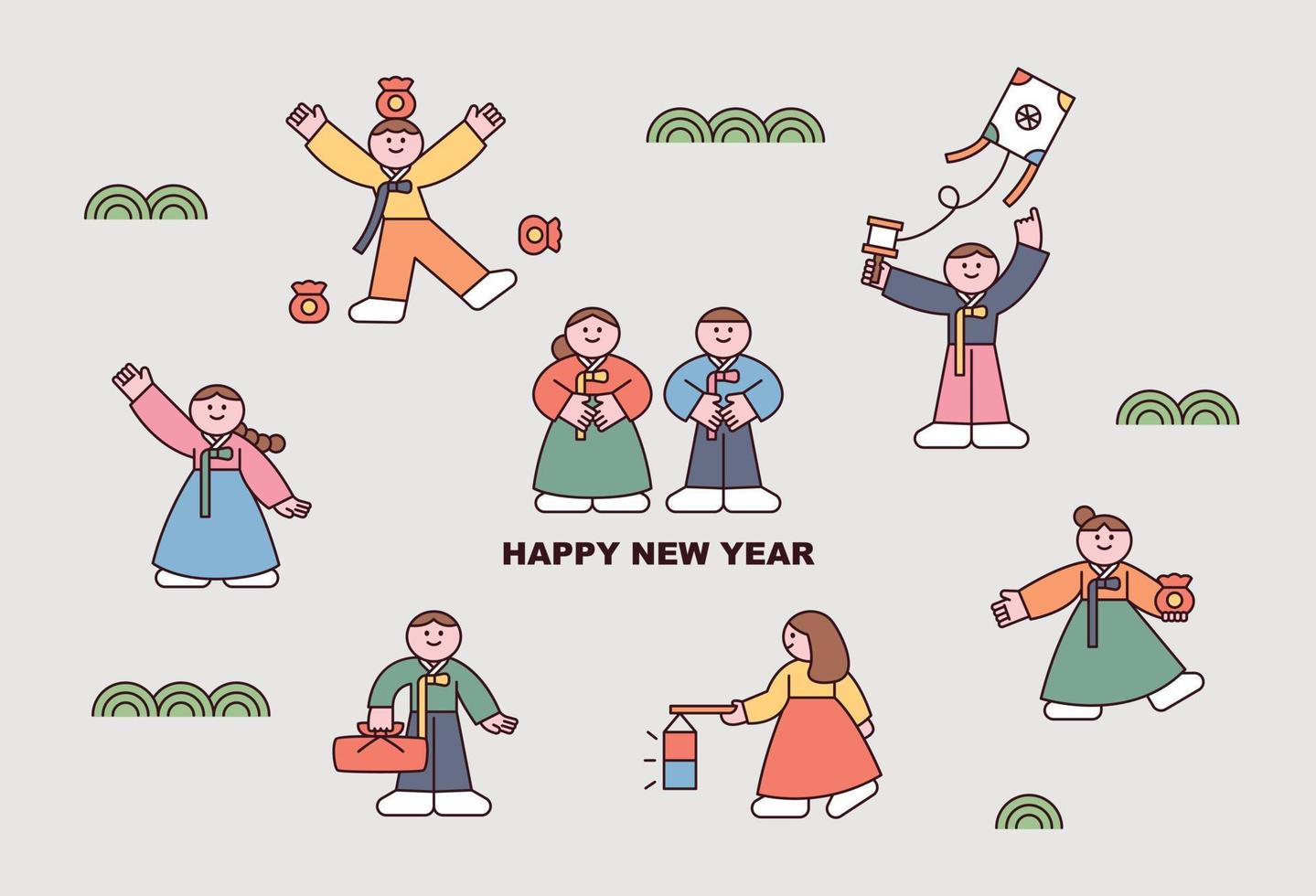 lindos niños con ropa tradicional coreana. un cartel con juegos tradicionales y personajes con regalos. vector