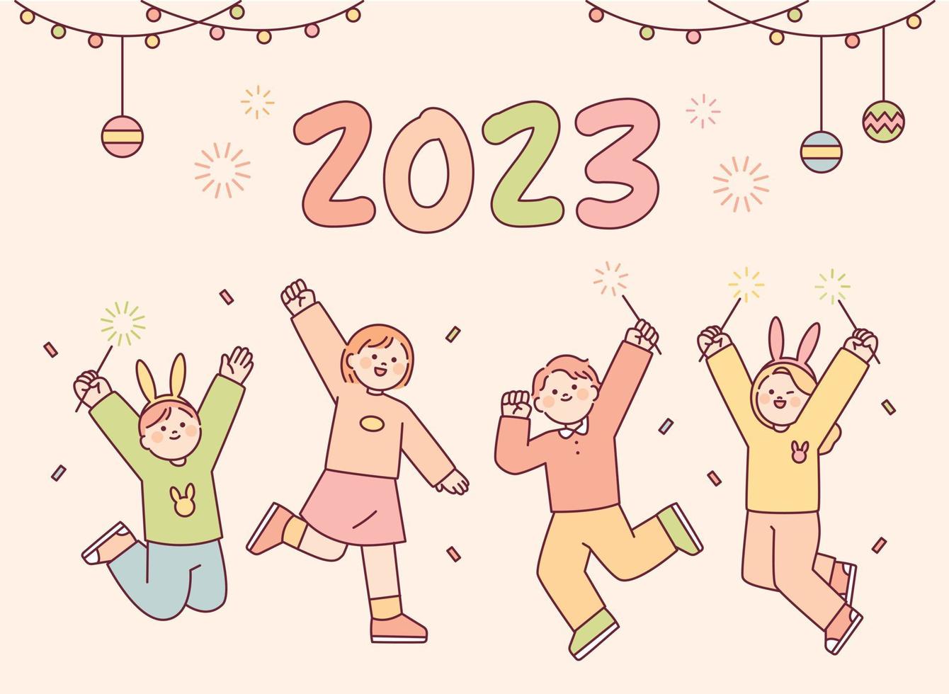 lindos niños están celebrando el año nuevo con bengalas en sus manos. ilustración vectorial de estilo de diseño plano. vector