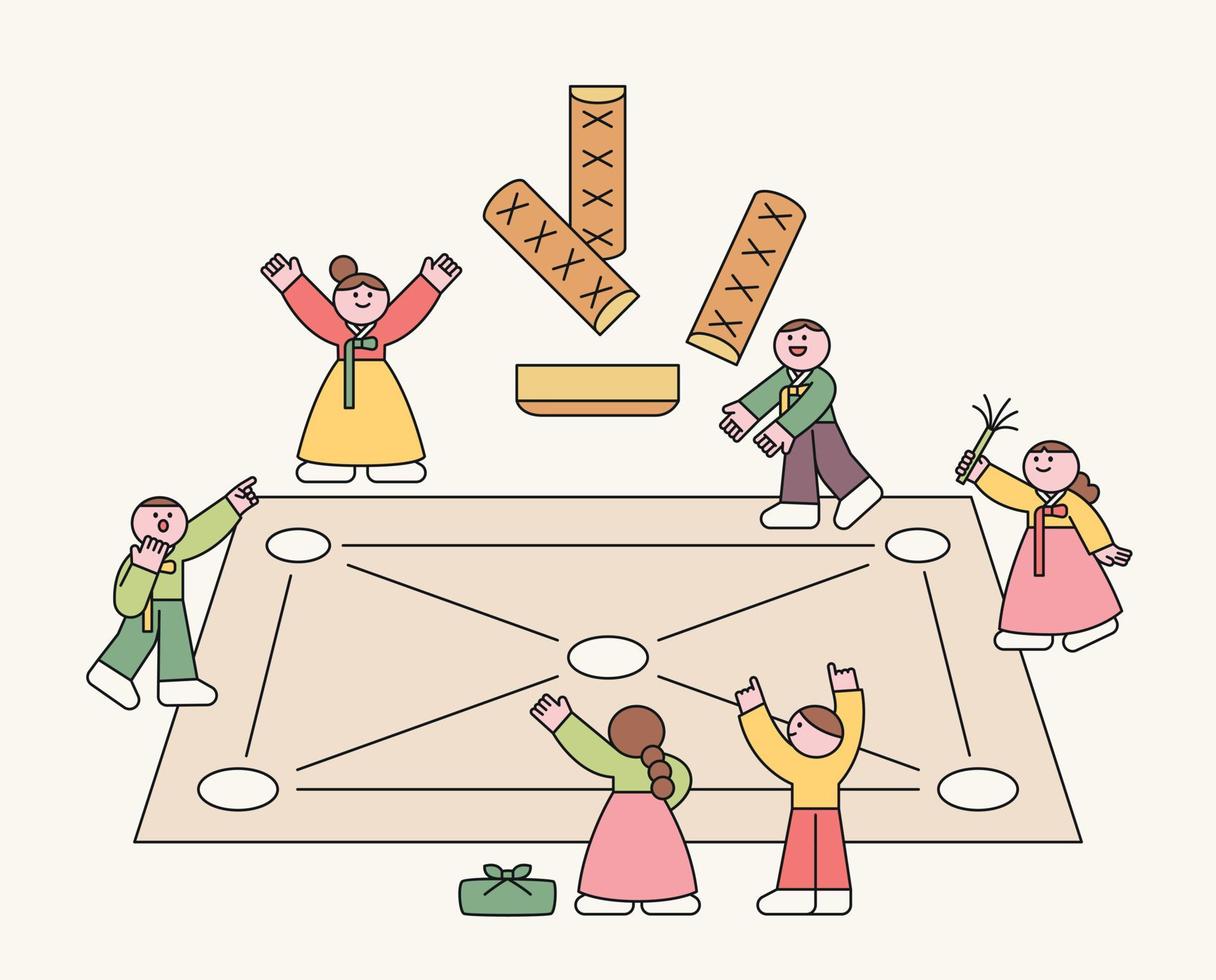 Cute children in traditional Korean costumes are playing Korean traditional games. vector