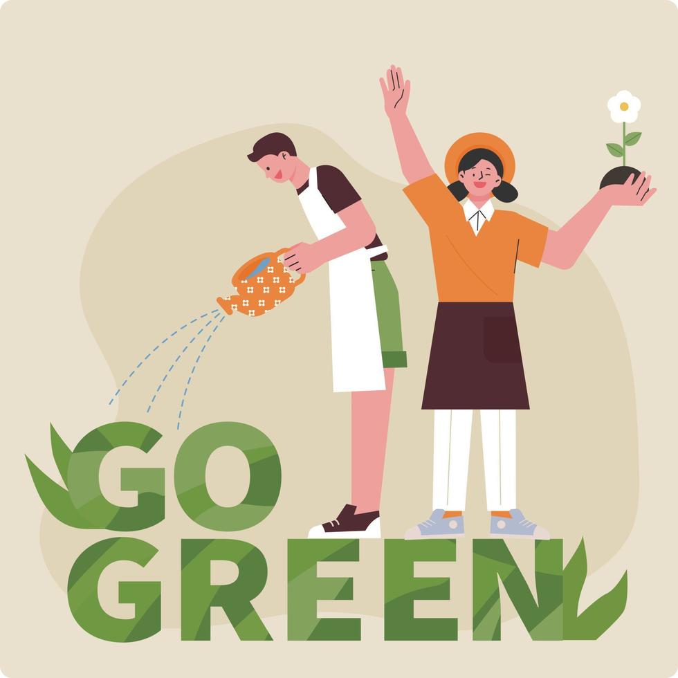 environmental protection banner. A boy watering a plant and a girl holding a flower. vector