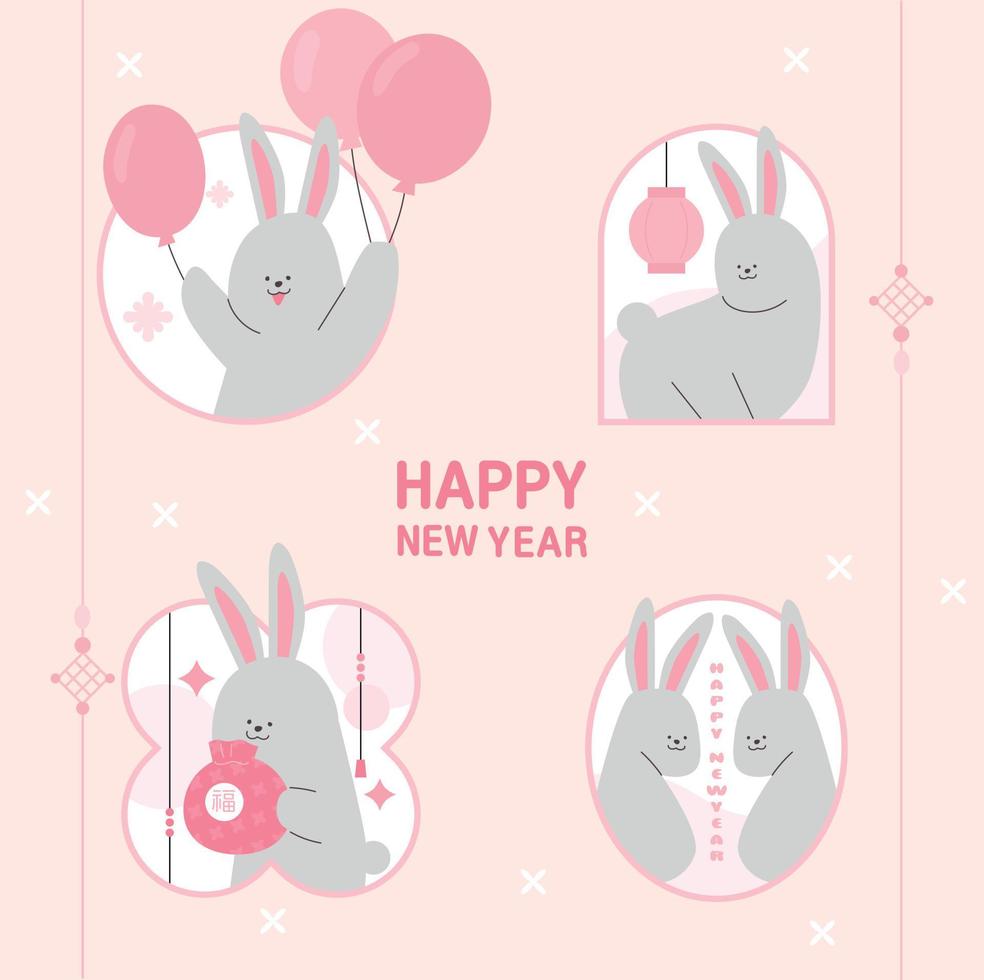 2023 Gray Rabbit. Cute rabbits are celebrating the new year. flat design style vector illustration.