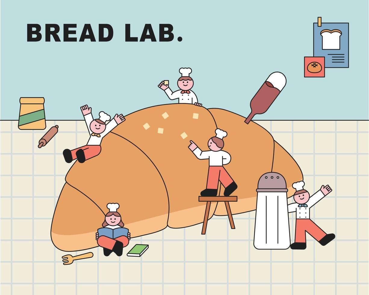 Cute chefs are making huge bread. vector