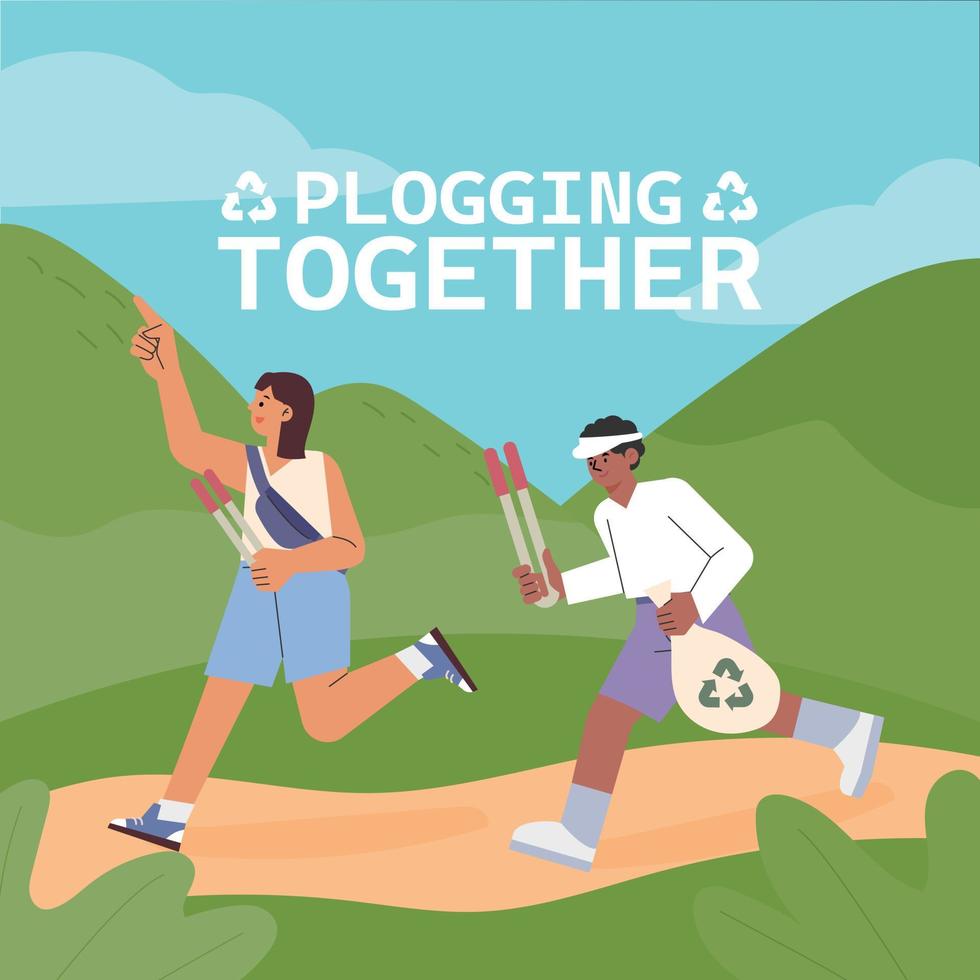 environmental protection banner. Plogging people jogging and picking up trash. vector