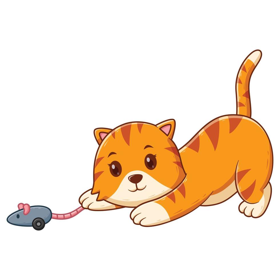 lindo gato jugando juguete de ratón. concepto de icono de animal. estilo de dibujos animados plana. adecuado para página de inicio web, pancarta, volante, pegatina, tarjeta vector