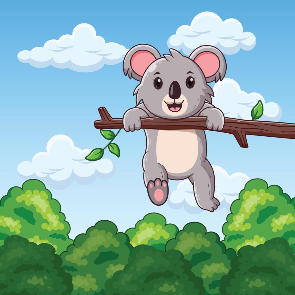 lindo koala colgando colgando en la caricatura del bosque. ilustración de dibujos animados de vectores