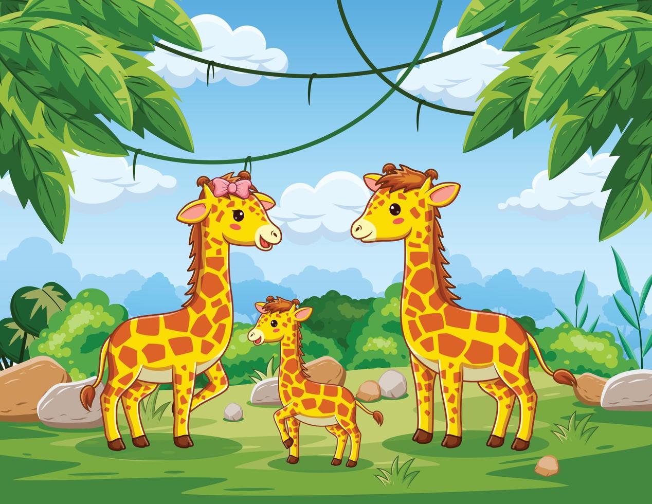 linda jirafa en la caricatura de la jungla. ilustración de dibujos animados de vectores