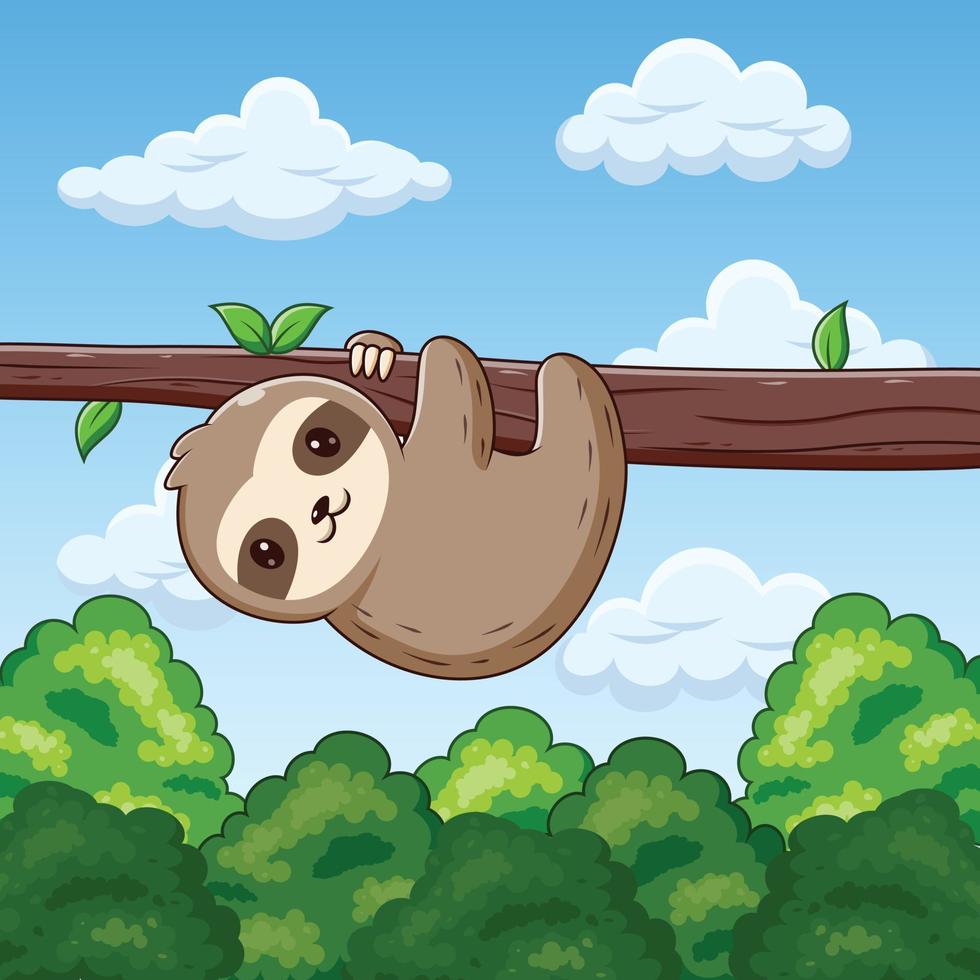 Cute Sloth Hanging Hanging in the Forest Cartoon. Vector Cartoon Illustration